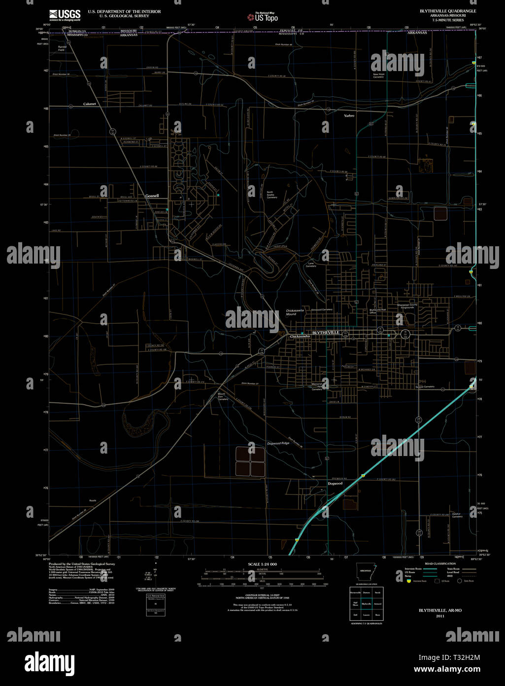 USGS TOPO Map Arkansas AR Blytheville 20110715 TM Inverted Restoration Stock Photo