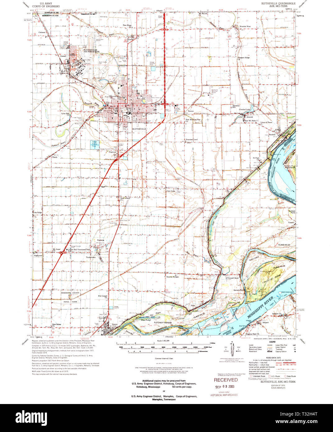 USGS TOPO Map Arkansas AR Blytheville 260001 1976 62500 Restoration Stock Photo