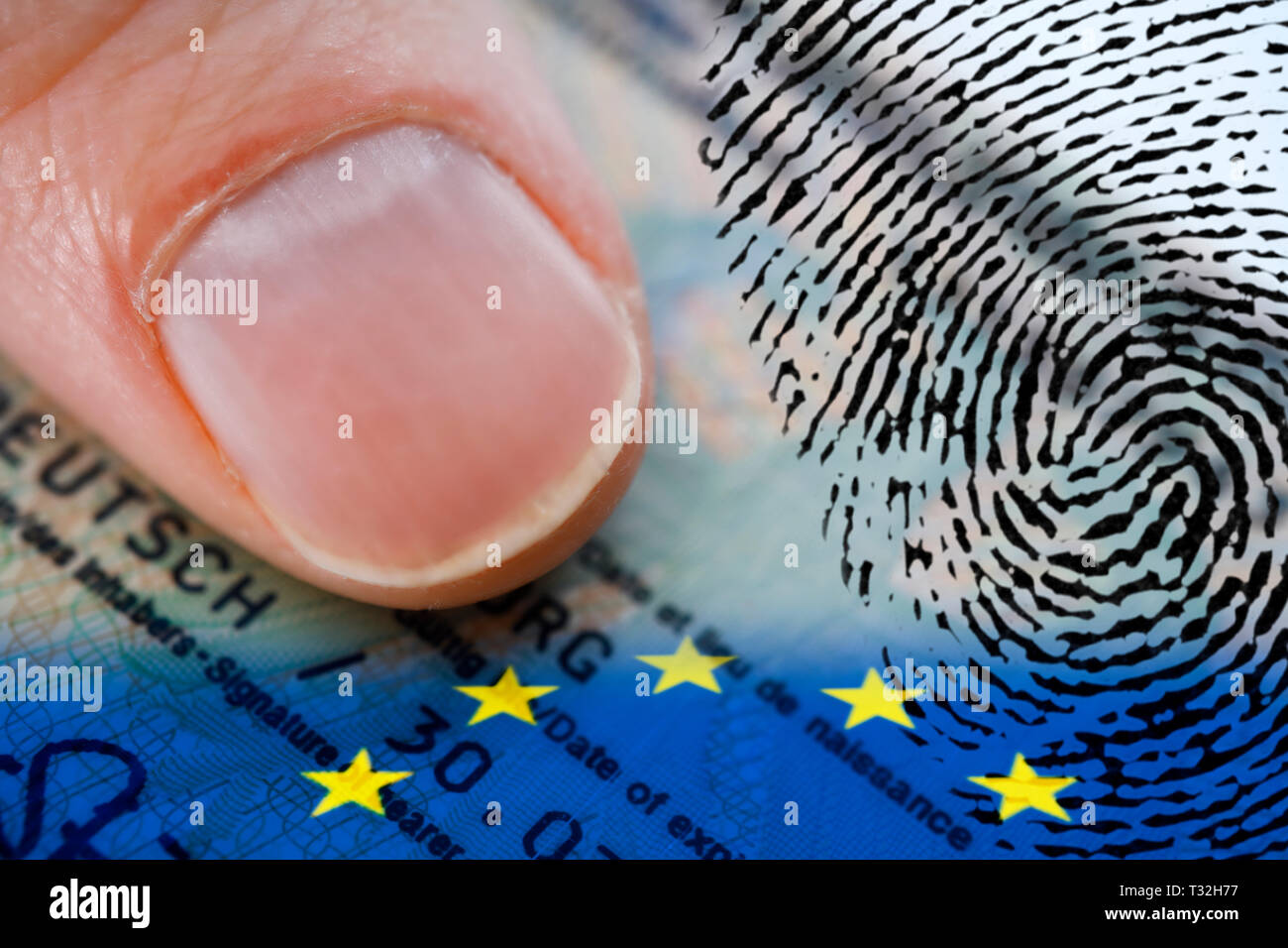 PHOTOMONTAGE, thumb on German identity card with EU flag and fingerprint, FOTOMONTAGE, Daumen auf deutschem Personalausweis mit EU-Fahne und Fingerabd Stock Photo