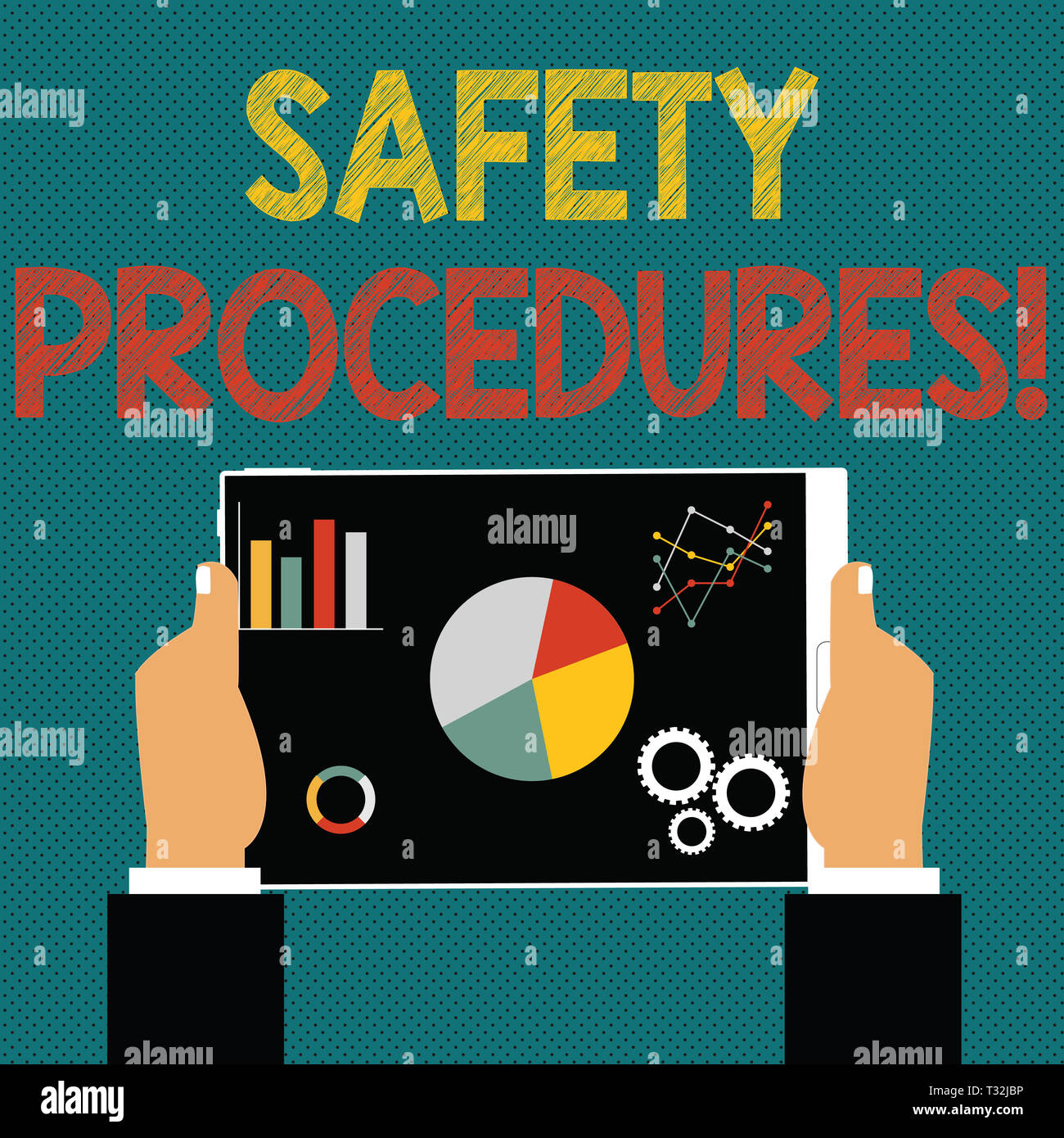 Writing note showing Safety Procedures. Business concept for steps description of process when deviation may cause loss Hands Holding Tablet with Sear Stock Photo