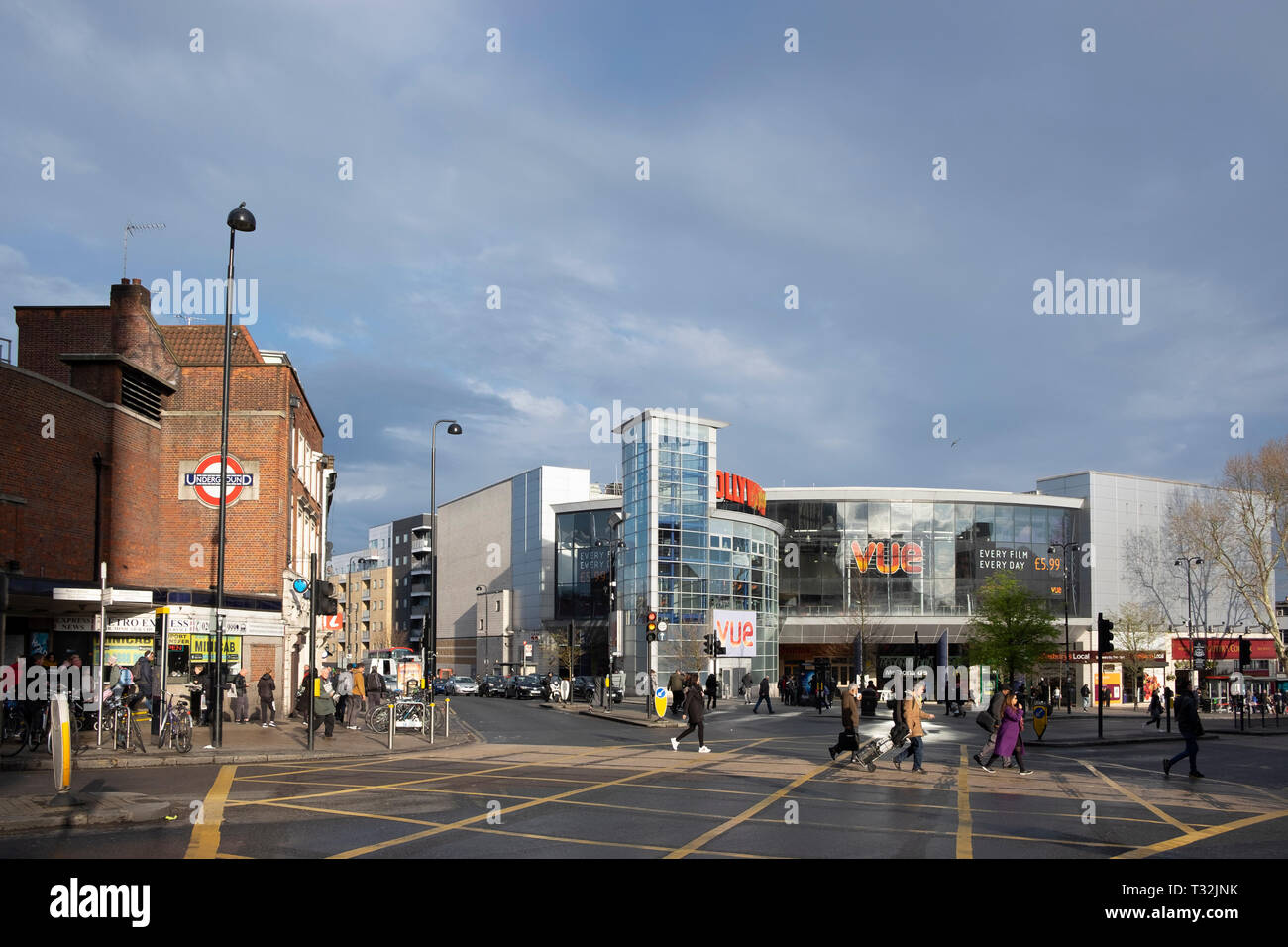 The evening scene at the junction outside Wood Green tube station with the Vue Cinema Stock Photo