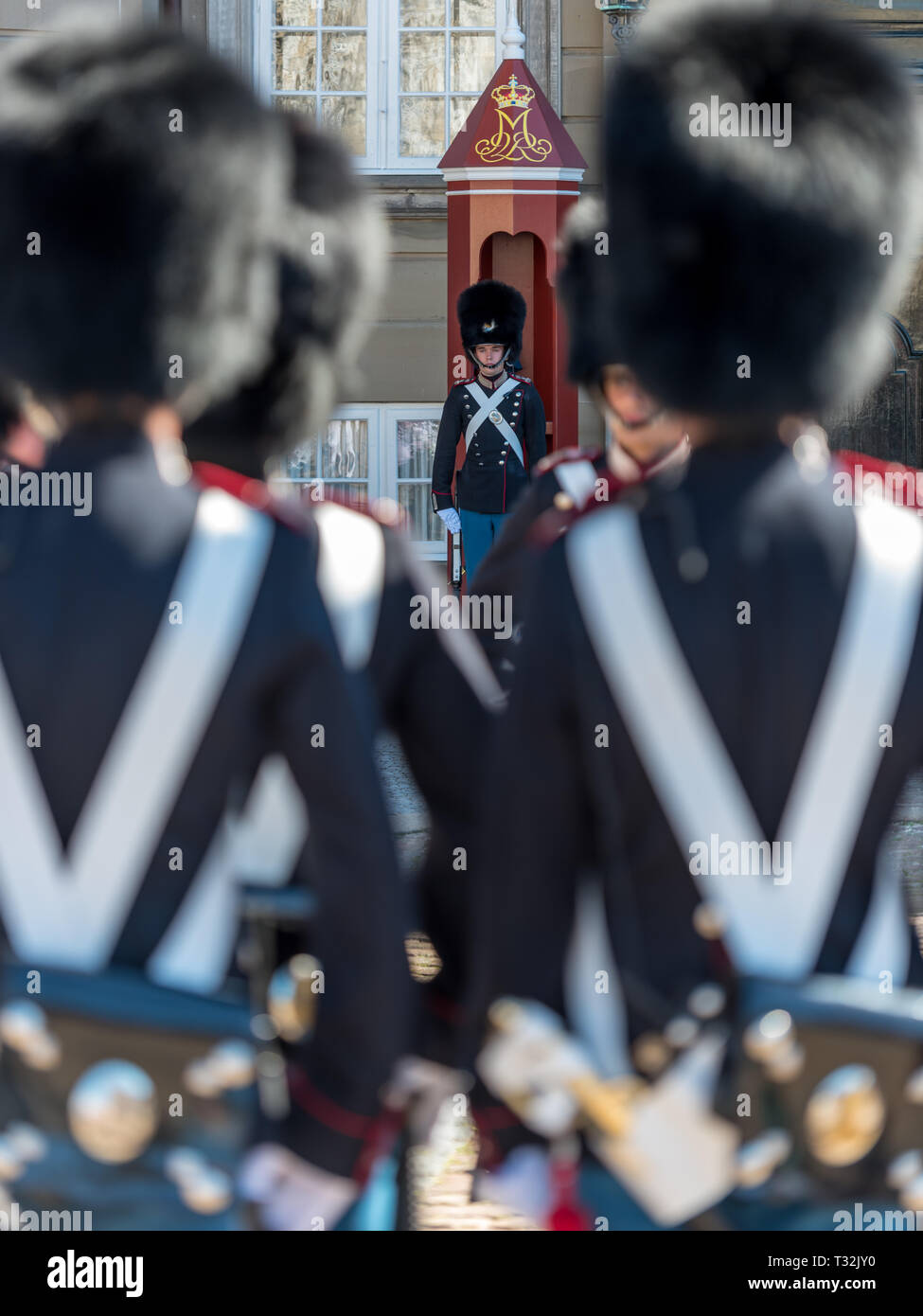 Troops of the Danish Royal Life Guards stand at attention on parade at the Amalienborg Palace, during the changing of the guard. Stock Photo