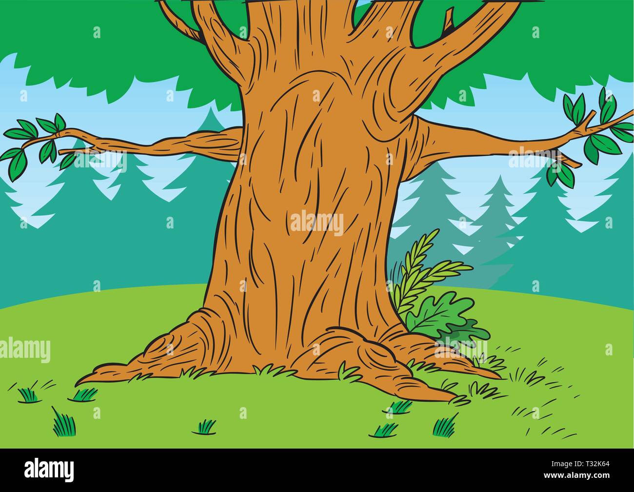 The illustration shows a portion of a large tree in a forest glade in a cartoon style Stock Vector