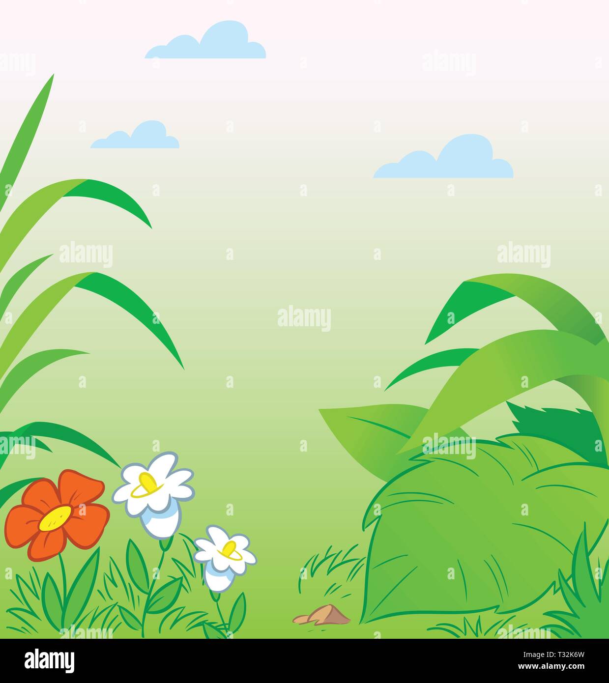 Green background with leaves and flowers in a cartoon style, on separate layers. Stock Vector