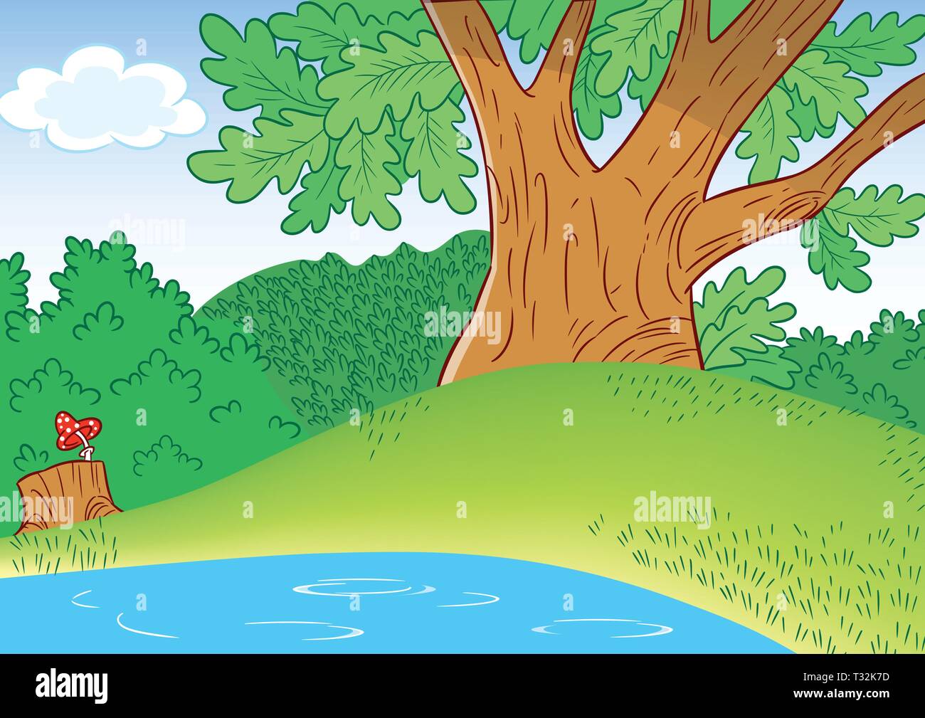 The illustration shows a portion of a large oak tree in a forest glade, and part of a small pond in cartoon style Stock Vector