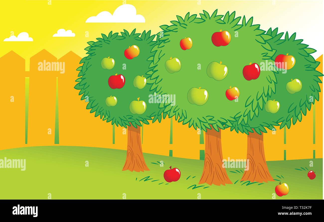 The illustration shows few apple trees in the garden behind the fence. Done in a cartoon style, on separate layers. Stock Vector