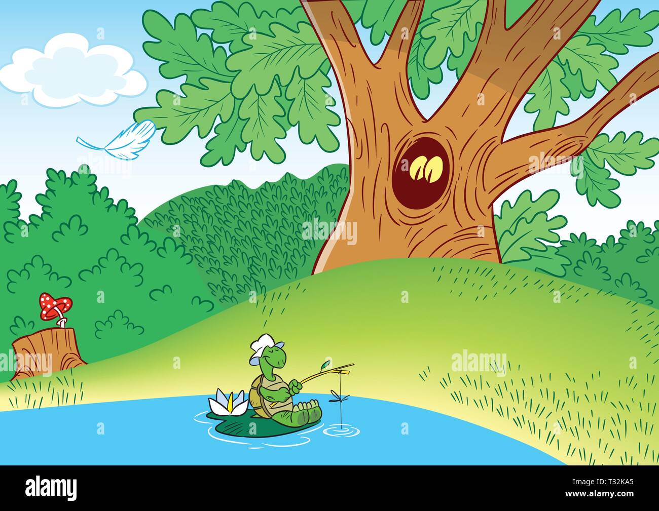 The illustration shows a pretty turtle, which catch fish in the pond, on the background of green forest. Stock Vector