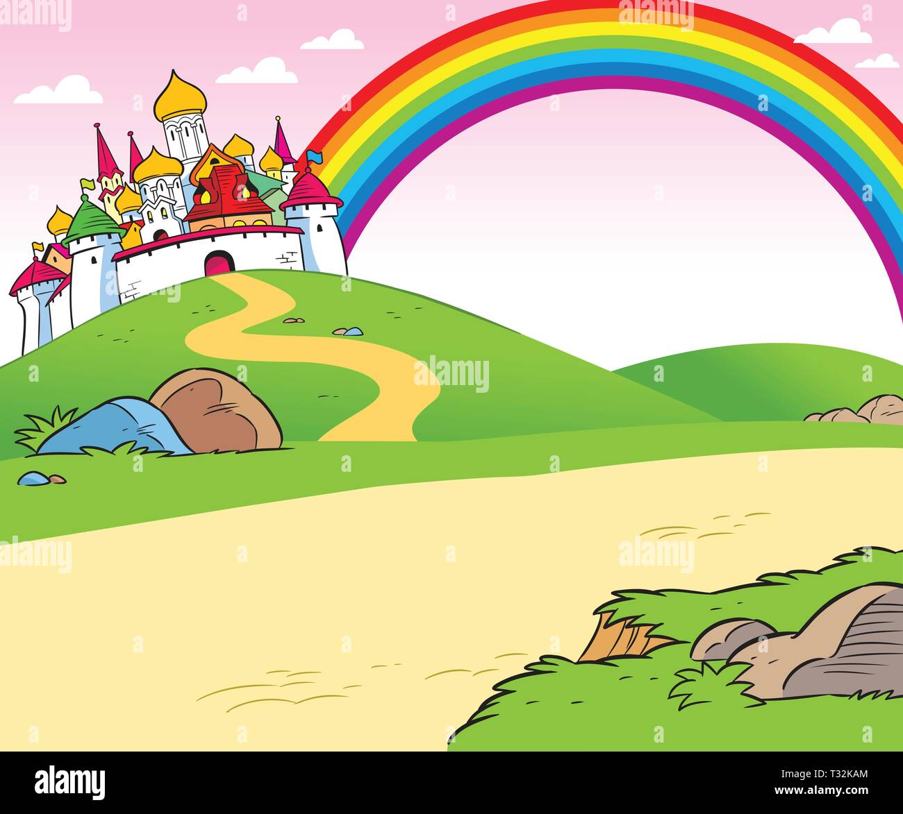 In the illustration cartoon ancient fortress against the sky and rainbow. Stock Vector