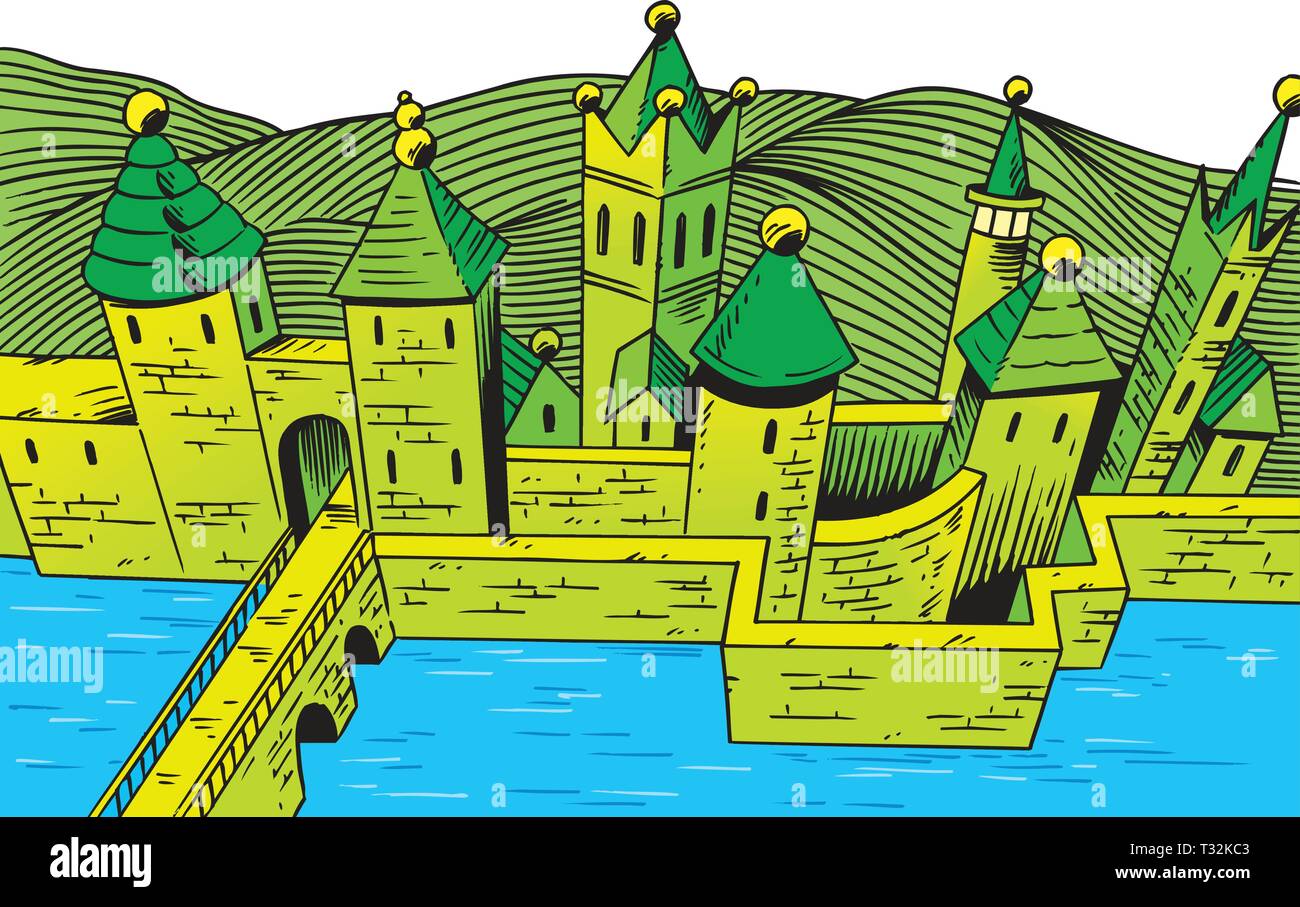 The vector illustration of an old stone castle with a bridge and a water moat, top view. Stock Vector