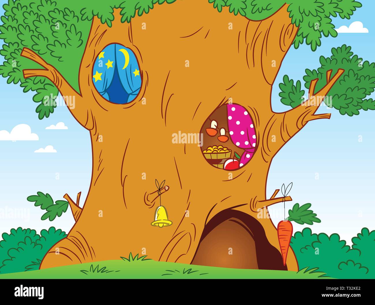 The illustration shows the large oak tree. Therein made own houses different small animals. Stock Vector