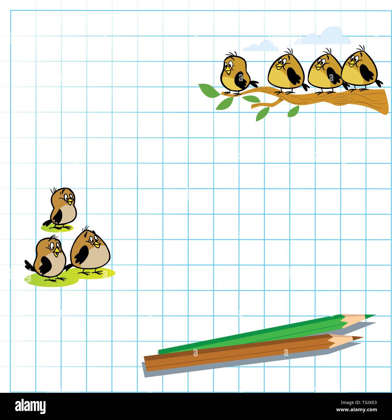 At illustration drawed in the exercise book a few birds and two pencil. Illustration done in cartoon style on separate layers, there is space for text Stock Vector