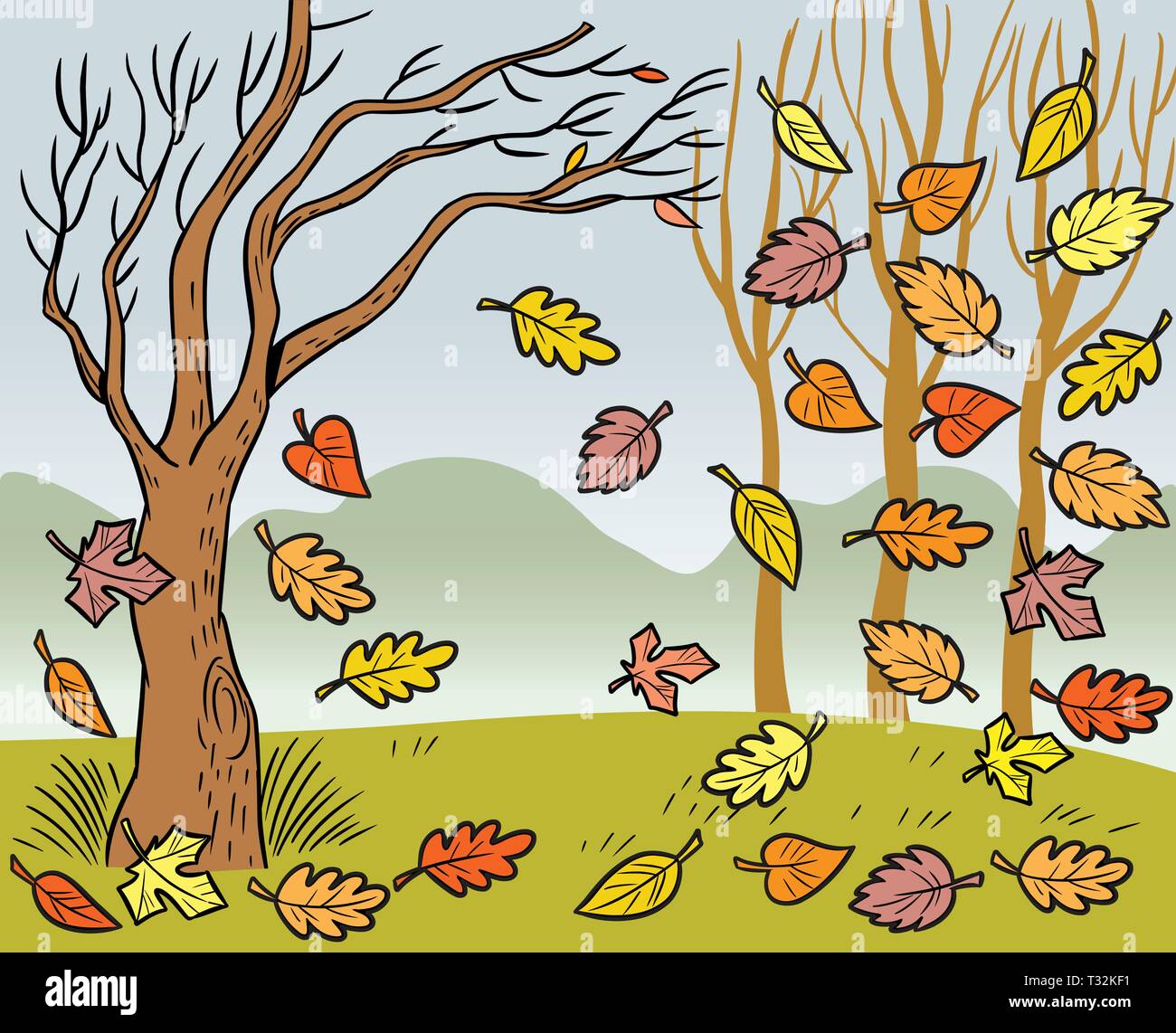 The illustration presented in autumn landscape and defoliation. Stock Vector
