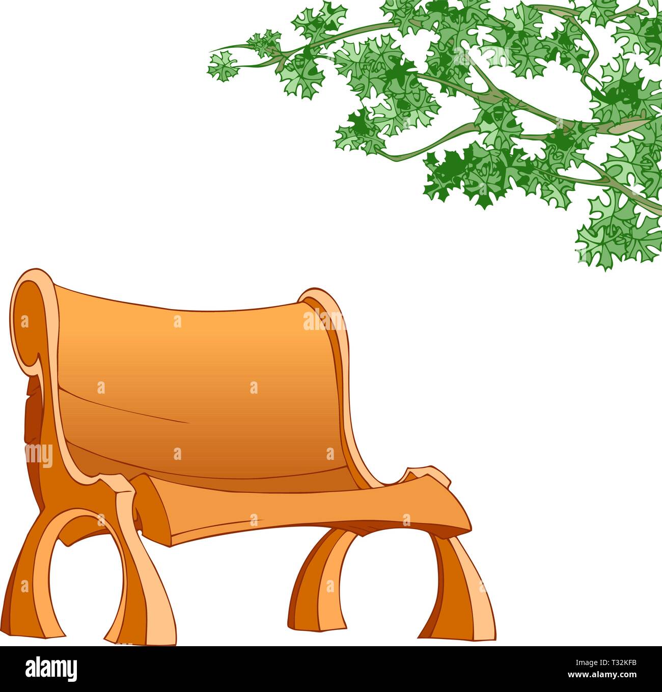 The illustration shows a yellow wooden bench. A tree branch leaning over the bench. Illustration on a white background. Stock Vector