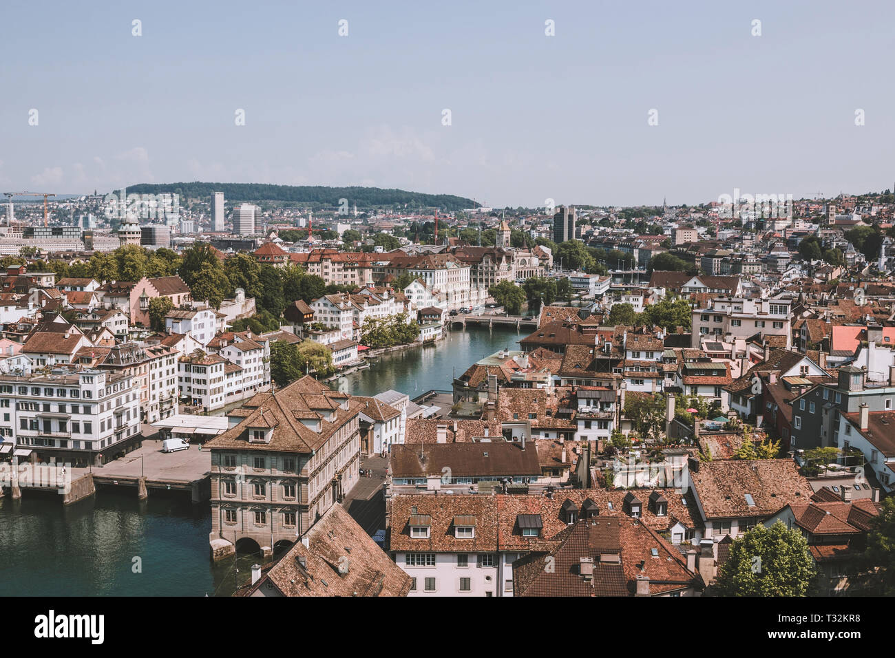 Aerial view of historic Zurich city center with river Limmat from Grossmunster Church, canton of Zurich, Switzerland. Sunny day in summer Stock Photo