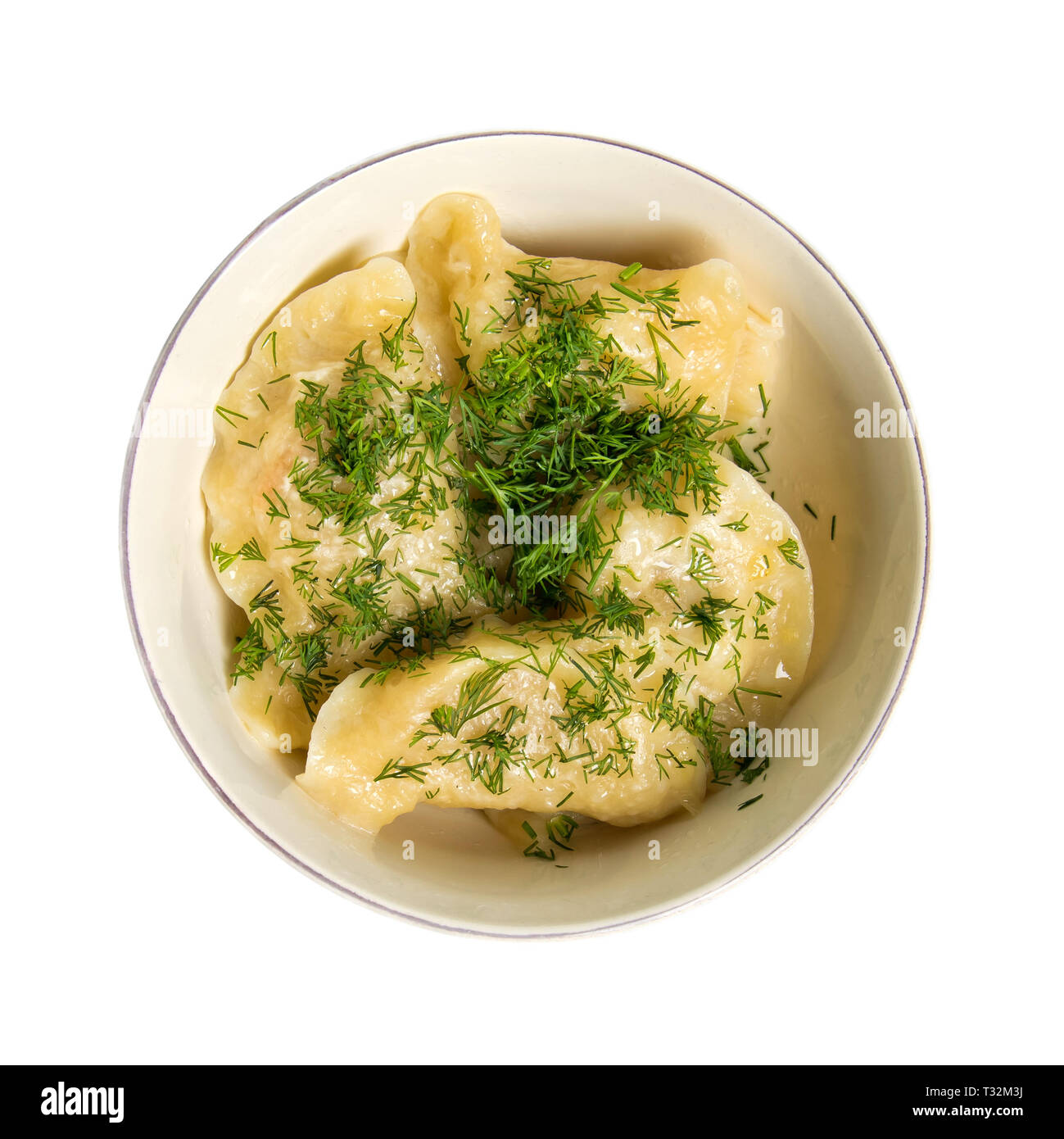 Dumplings, filled with cabbage in a plate, isolated on white background