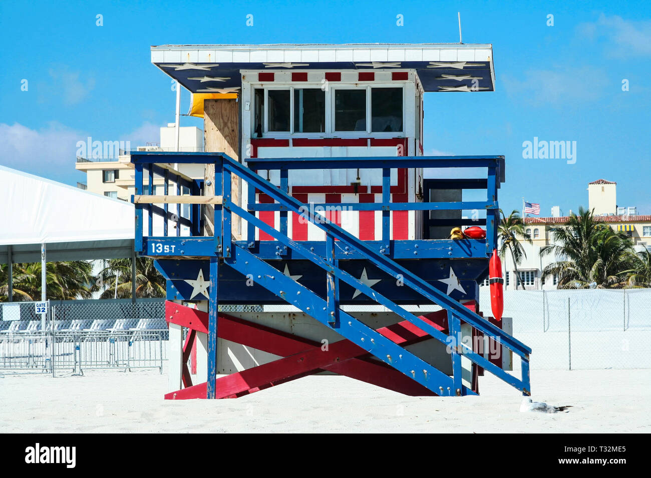 A red, white and blue lifeguard stand in Miami beach. Stock Photo