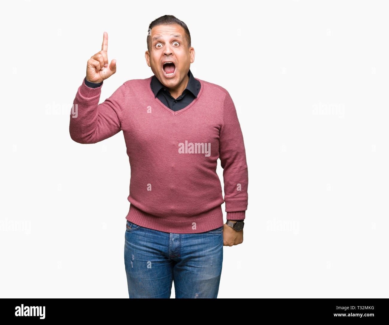 Middle Age Arab Man Over Isolated Background Pointing Finger Up With Successful Idea Exited And Happy Number One Stock Photo Alamy