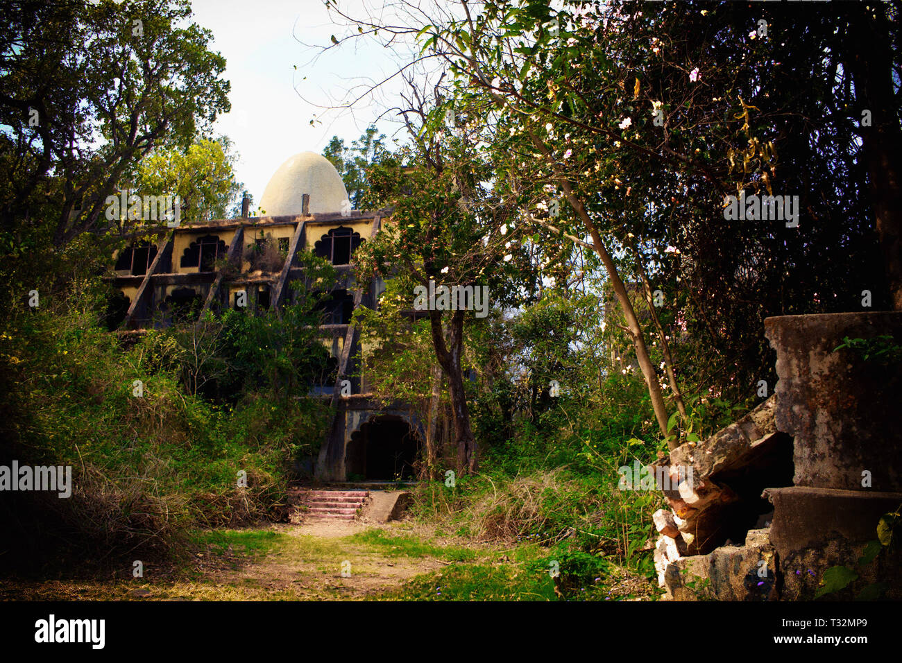 The time of the abandoned ashram of Maharishi Mahesh Yogi in Rishikesh. Beatles Ashram Stock Photo