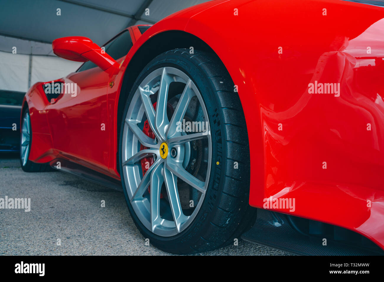 Valencia,Spain March 30, 2019 Close up on Ferrari 488 Pista wheel
