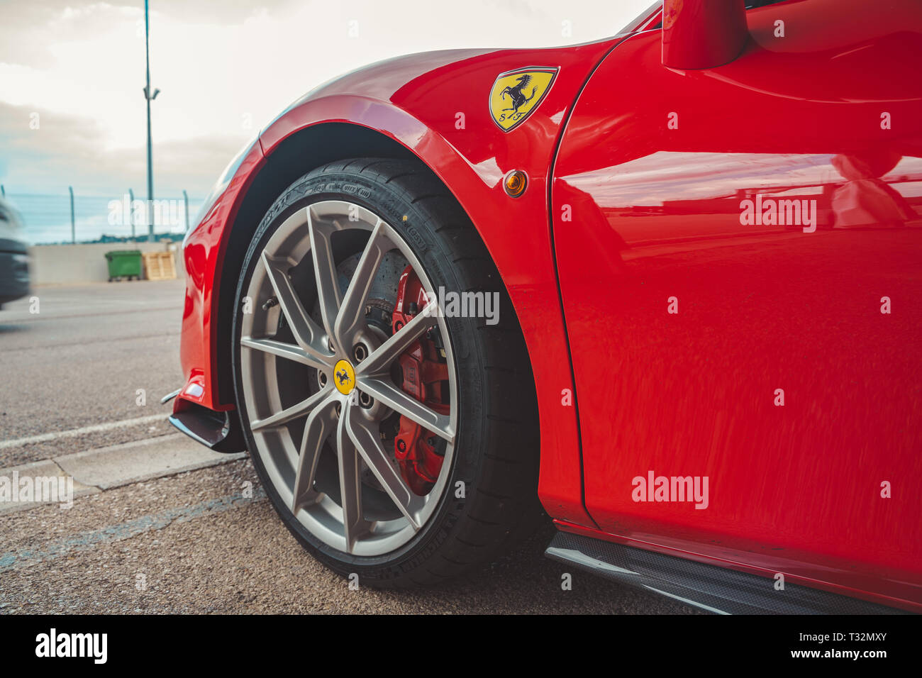 Valencia,Spain March 30, 2019 Close up on Ferrari 488 Pista wheel