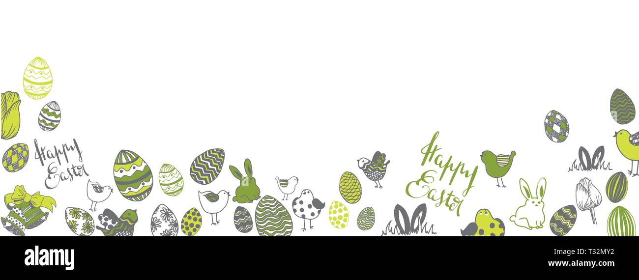 Happy easter doodles full vector large banner Stock Vector