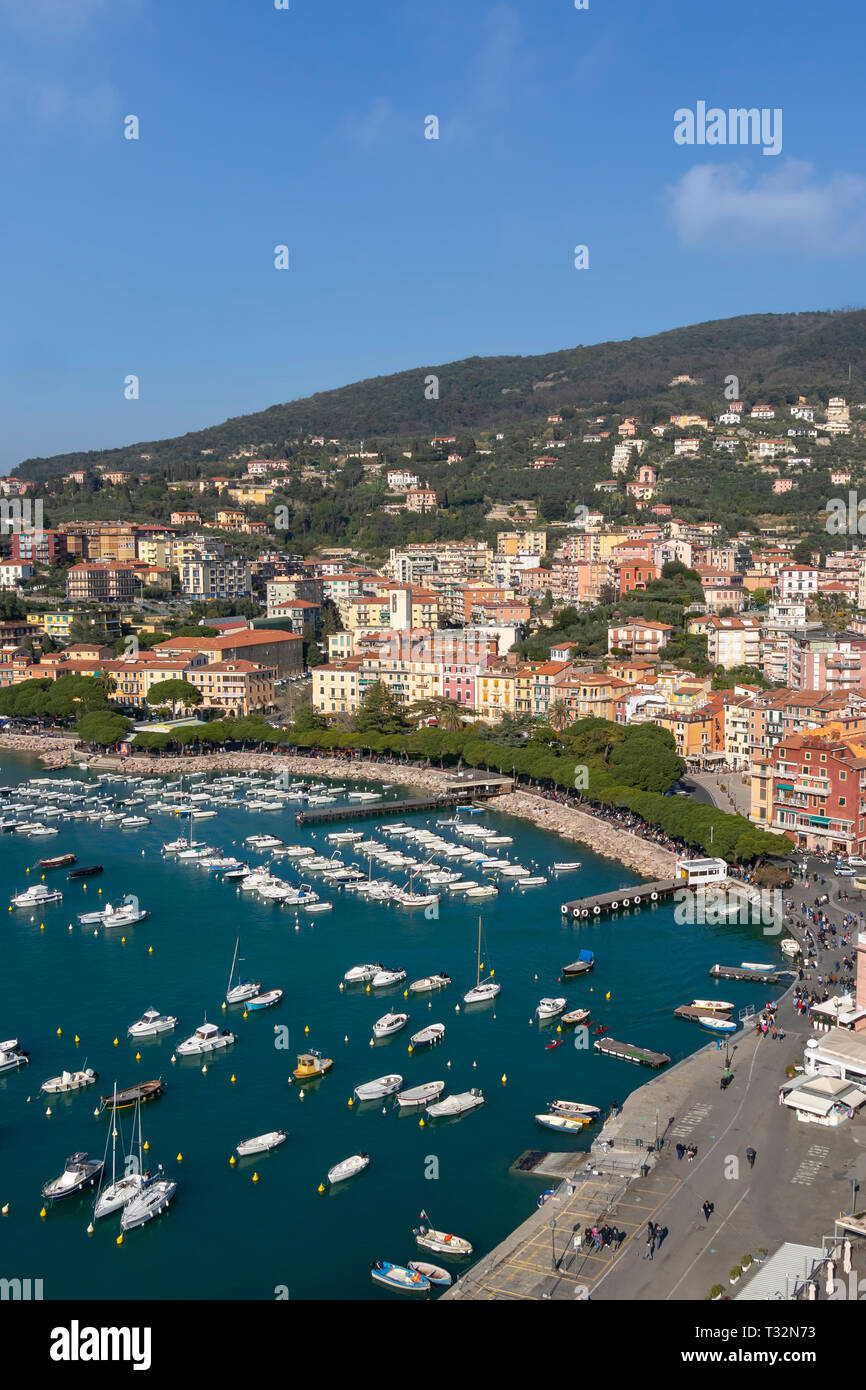 View over Lerici town, Italy, Liguria on the Mediterranean coast. Popular with tourists. No visible logos, identifiable people etc. Vertical. Stock Photo