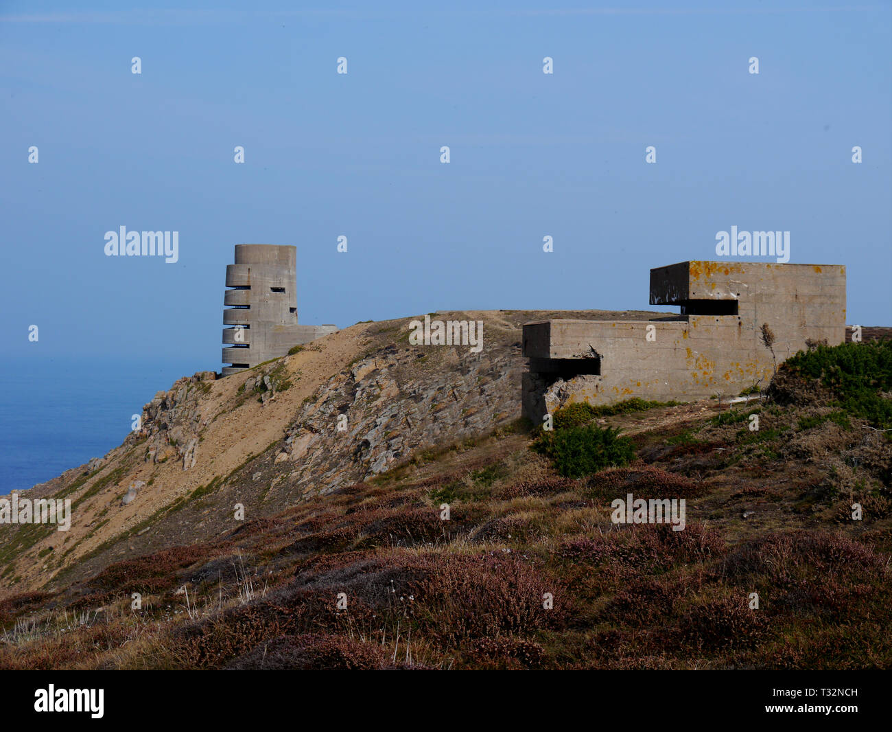 Concreate WW2 German Artillery Observation Tower & Lookout on the Cliffs near the Coastal Path at Les Landes on the Island of Jersey, Channel Isles.UK Stock Photo