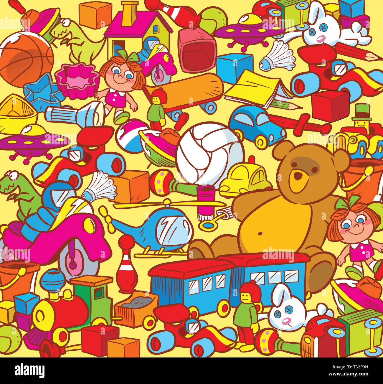 The illustration shows the big heap of colorful childrens toys. Illustration done in cartoon style. Stock Vector