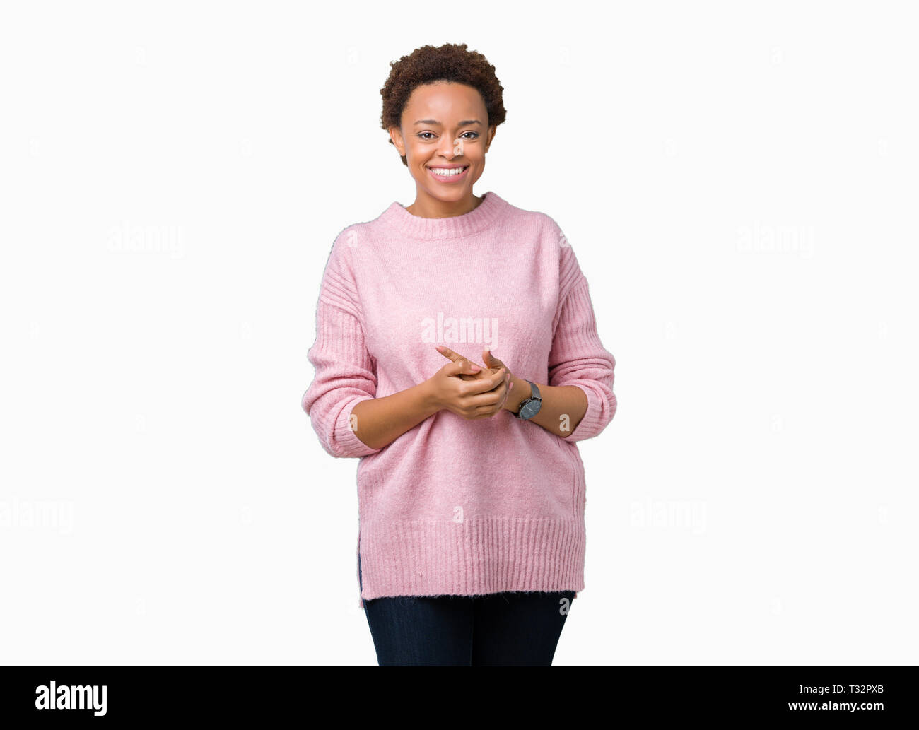 Beautiful young african american woman over isolated background Hands ...