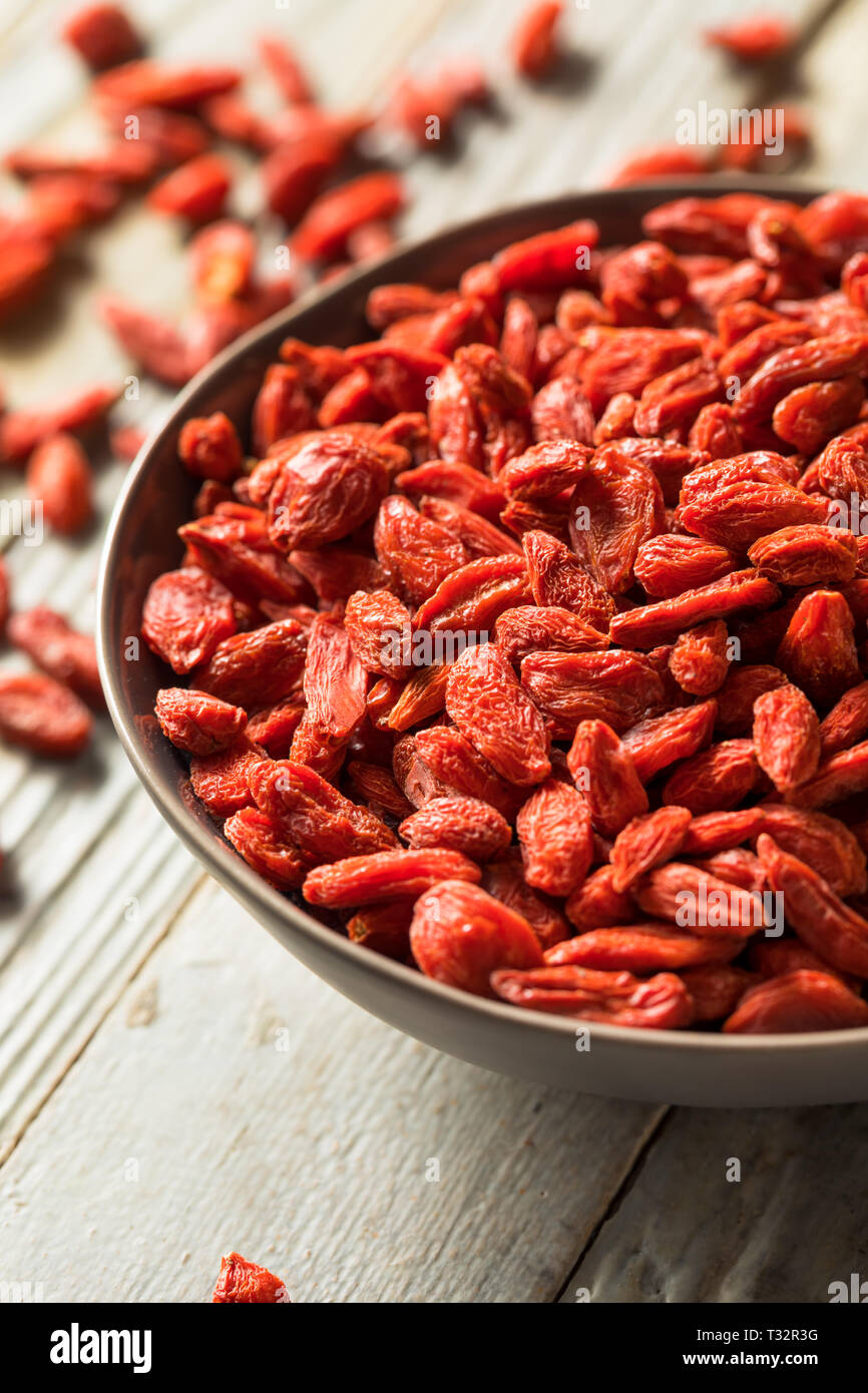Raw Red Organic Goji Berries in a Bowl Stock Photo