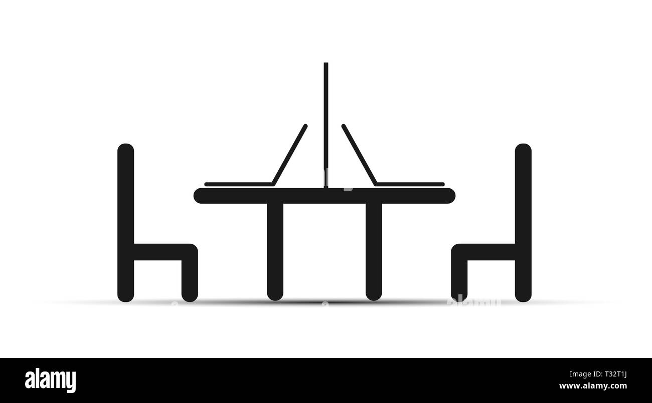 Two laptops on the table, next to the table chairs, flat design Stock