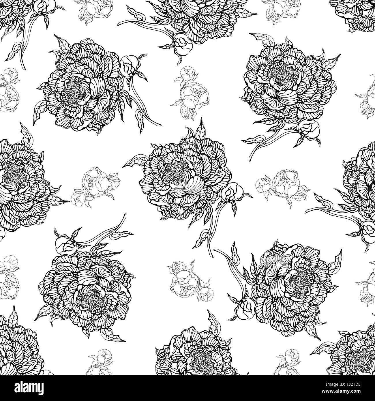 Seamless pattern of hand drawn sketch style peony flowers isolated on ...