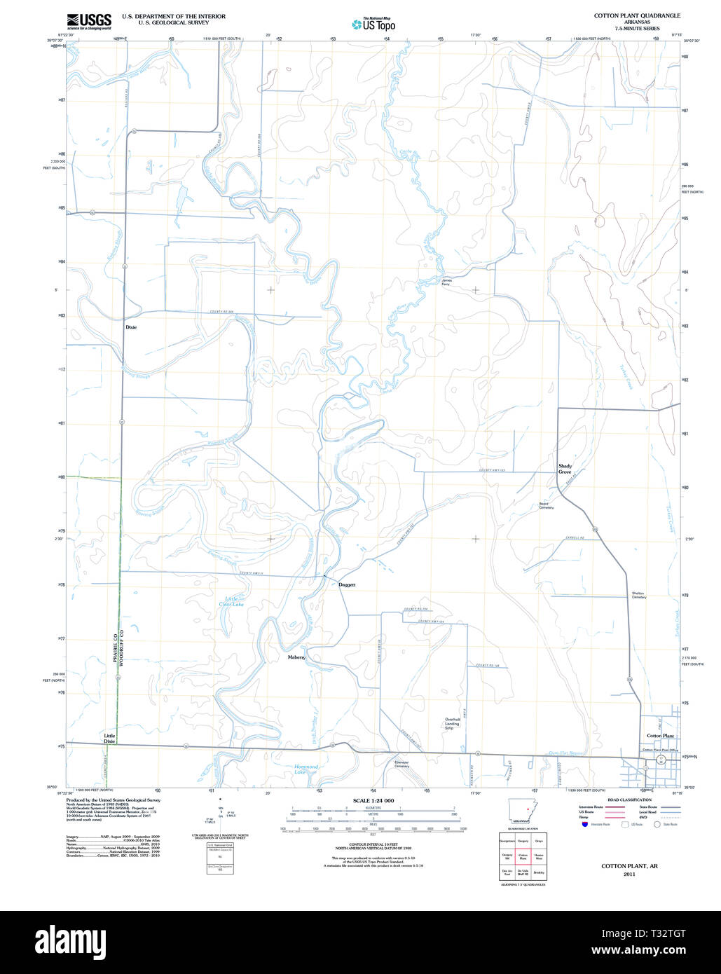 USGS TOPO Map Arkansas AR Cotton Plant 20110728 TM Restoration Stock Photo