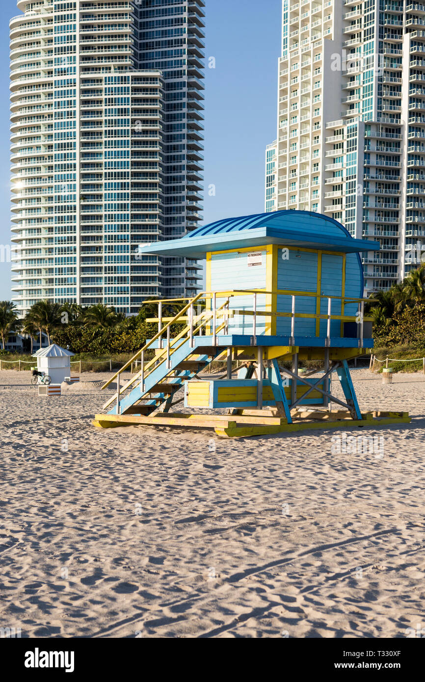 One of the colorful and iconic lifeguard towers on Miami Beach, Florida, USA Stock Photo