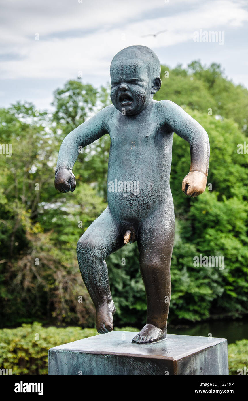 Famous Angry Boy statue in Vigeland Sculpture Park in Oslo, Norway. Stock Photo