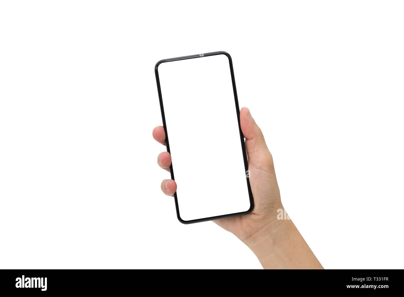 Hand holding black mobile phone with blank screen isolated on white ...