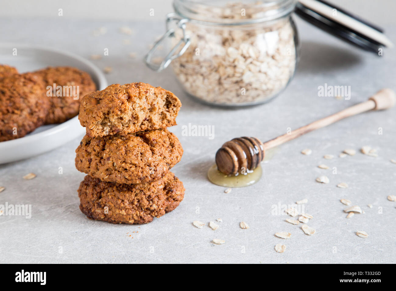 Homemade oatmeal cookies with honey. Healthy Food Snack Concept Stock