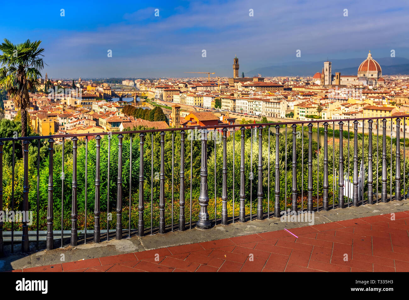 Florence, Italy viewpoint at Piazzale Michelangelo and defocused view Duomo dome and old town Stock Photo