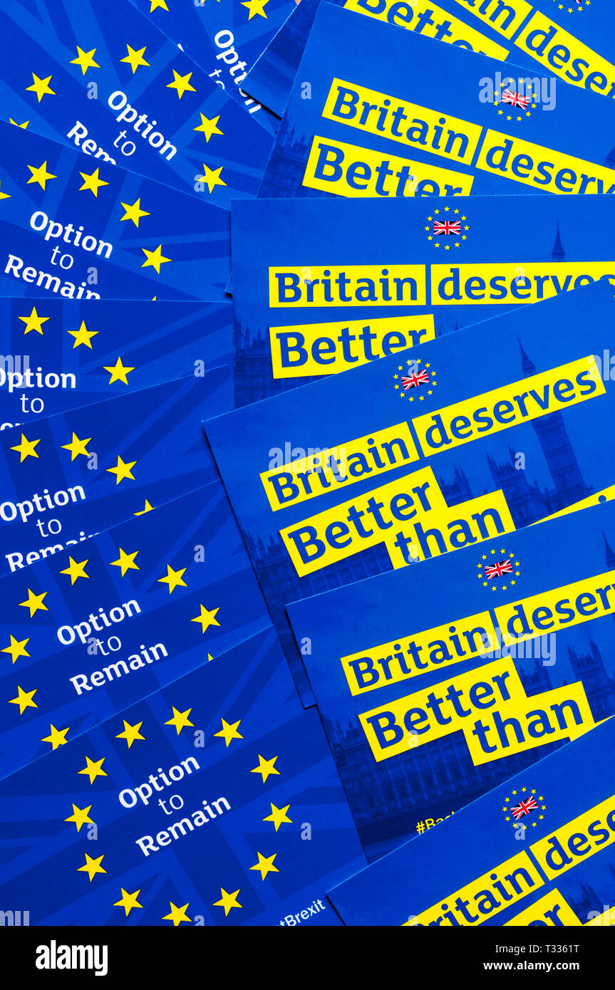 A collection of blue and yellow remainer anti-Brexit postcards say Britain deserves better than Brexit. Stock Photo