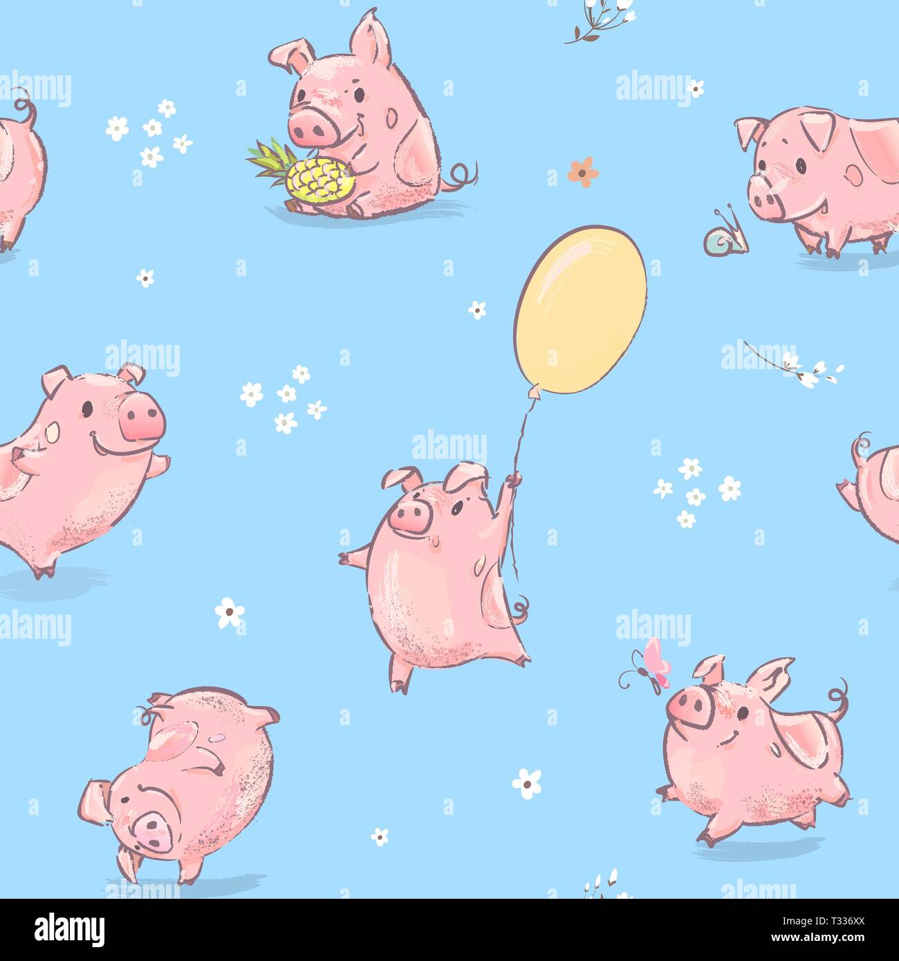 Pink Pig Dance with Balloon Seamless Pattern Stock Vector