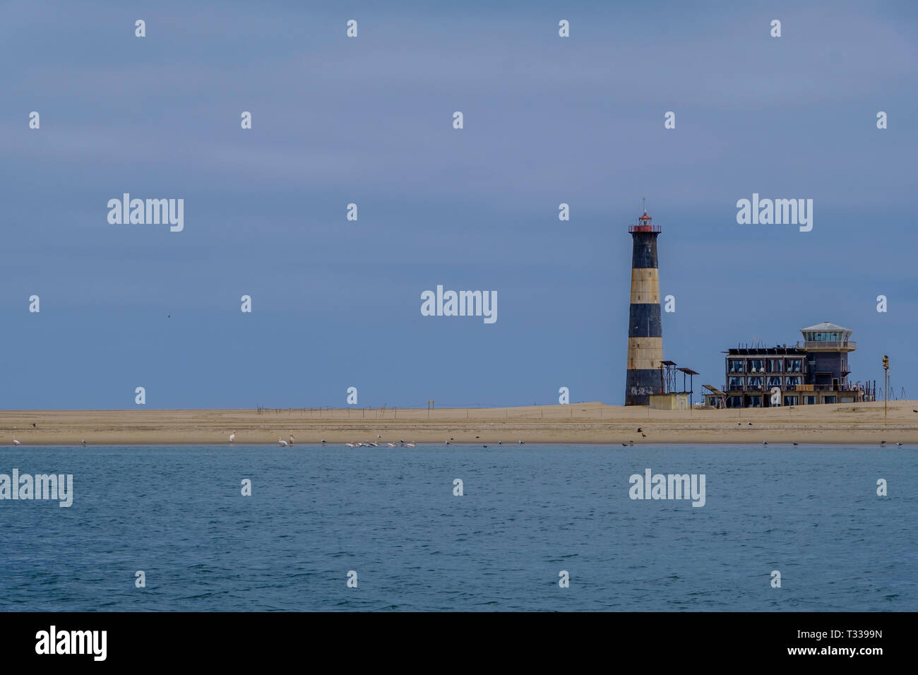 Blue and white stripes of Pelican Point Lighthouse next to lodge perched on strip of sand in Atlantic Ocean with birdlife on shore with copy space Stock Photo
