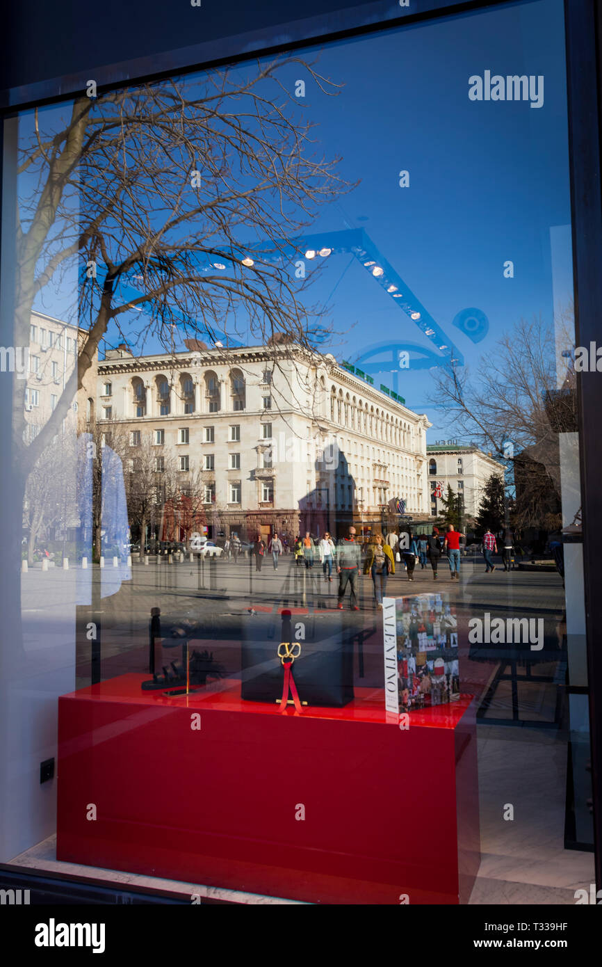 Showcase of a boutique with a reflection of Sofia downtown Stock Photo