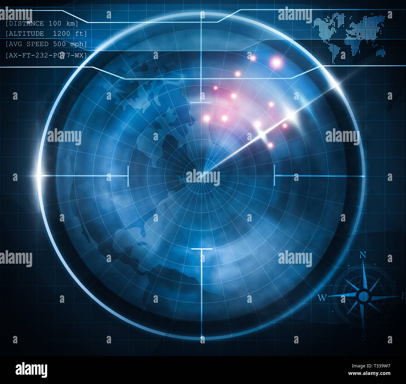 blue radar monitoring screen illustration Stock Photo
