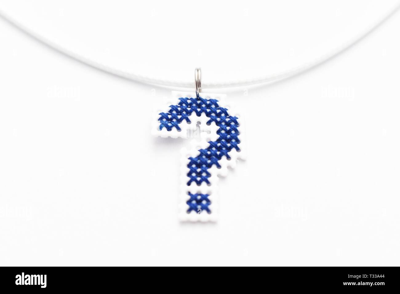 Handmade Cross Stitch Necklace Blue Question Mark embroidered on white