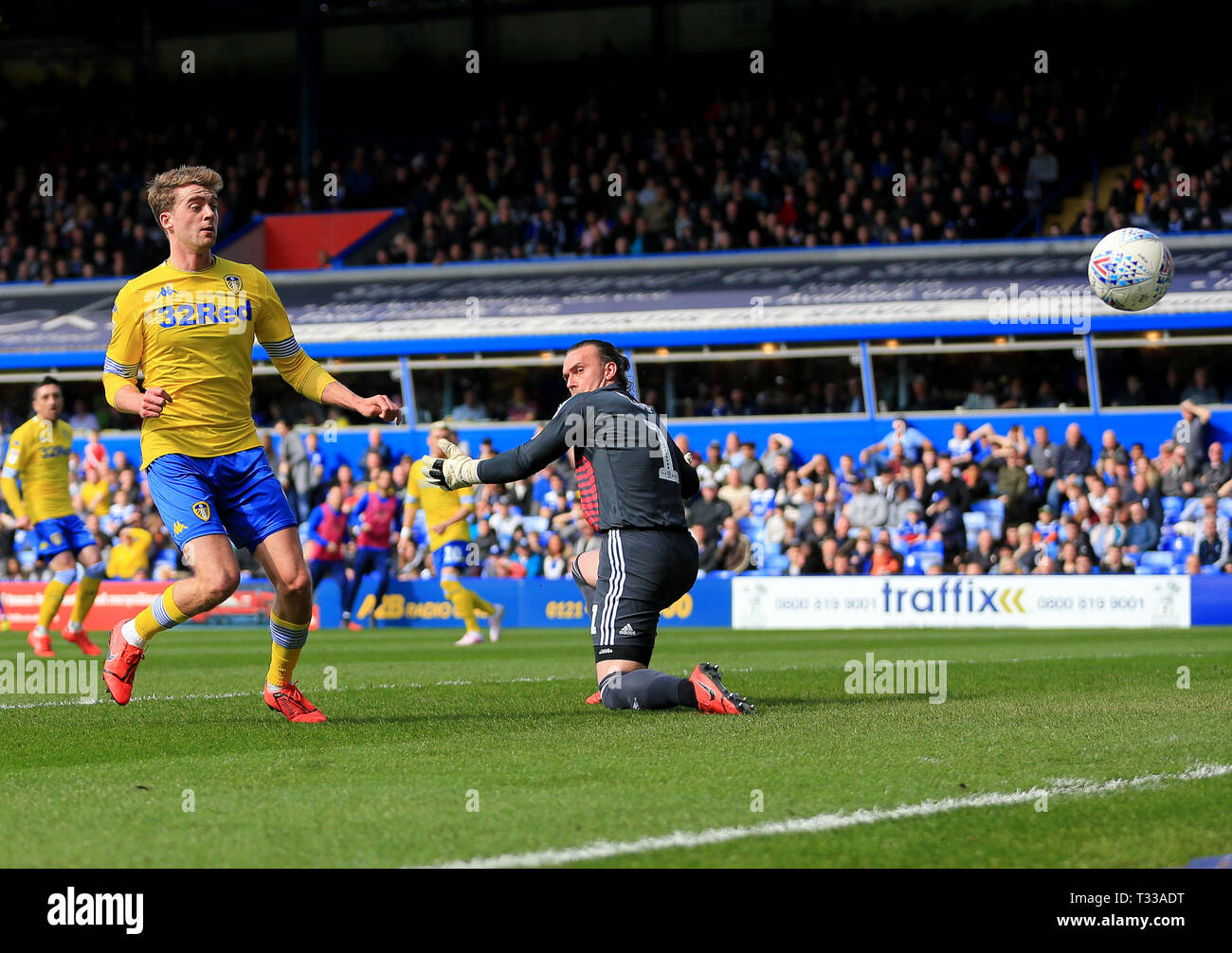 Lee Camp of Birmingham City can only watch as Patrick Bamford of Leeds United puts his shot against the post. during the match between Birmingham City Stock Photo
