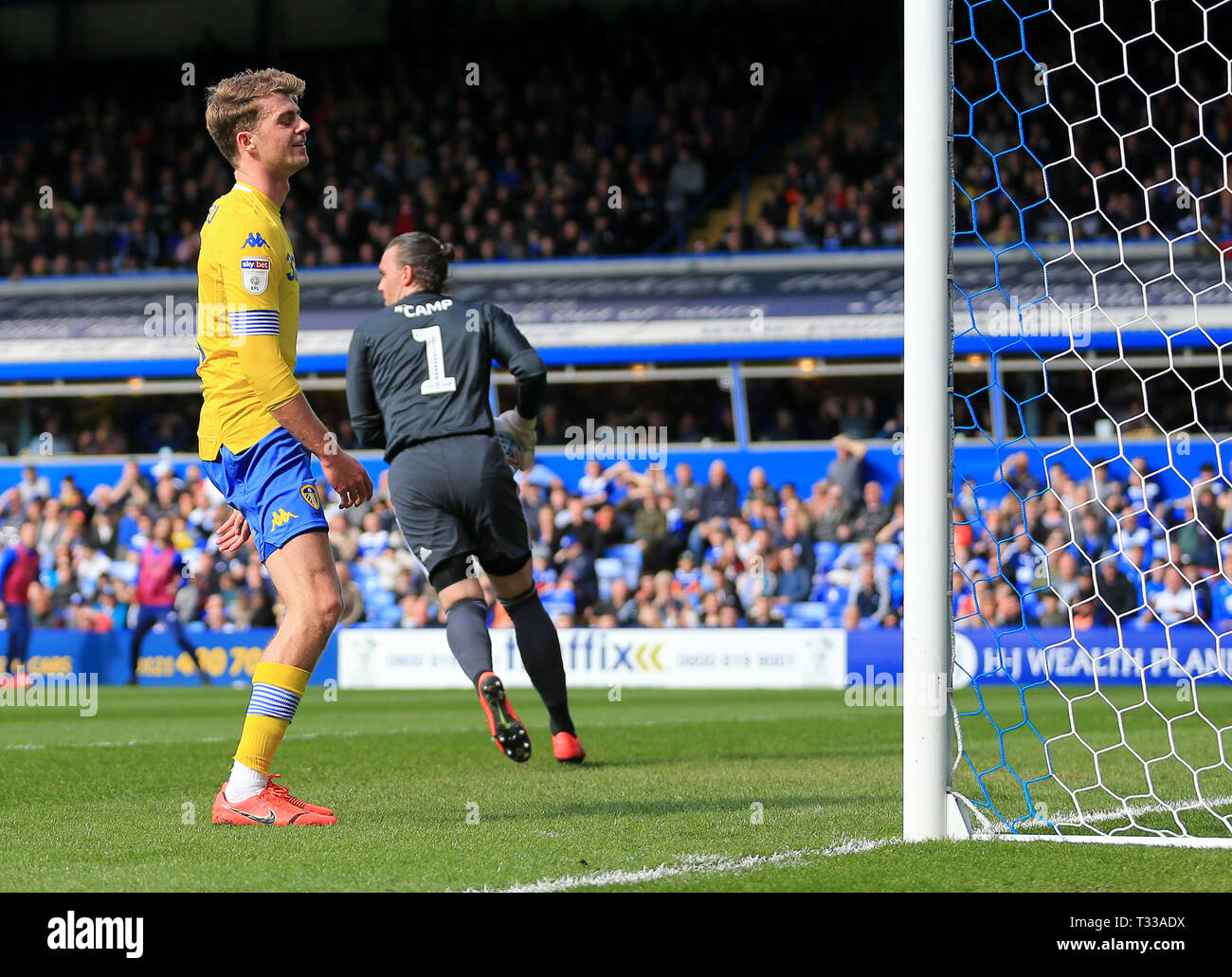 Patrick Bamford of Leeds United reacts after hitting the post for his side. during the match between Birmingham City and Leeds United. Credit: Paul Ro Stock Photo