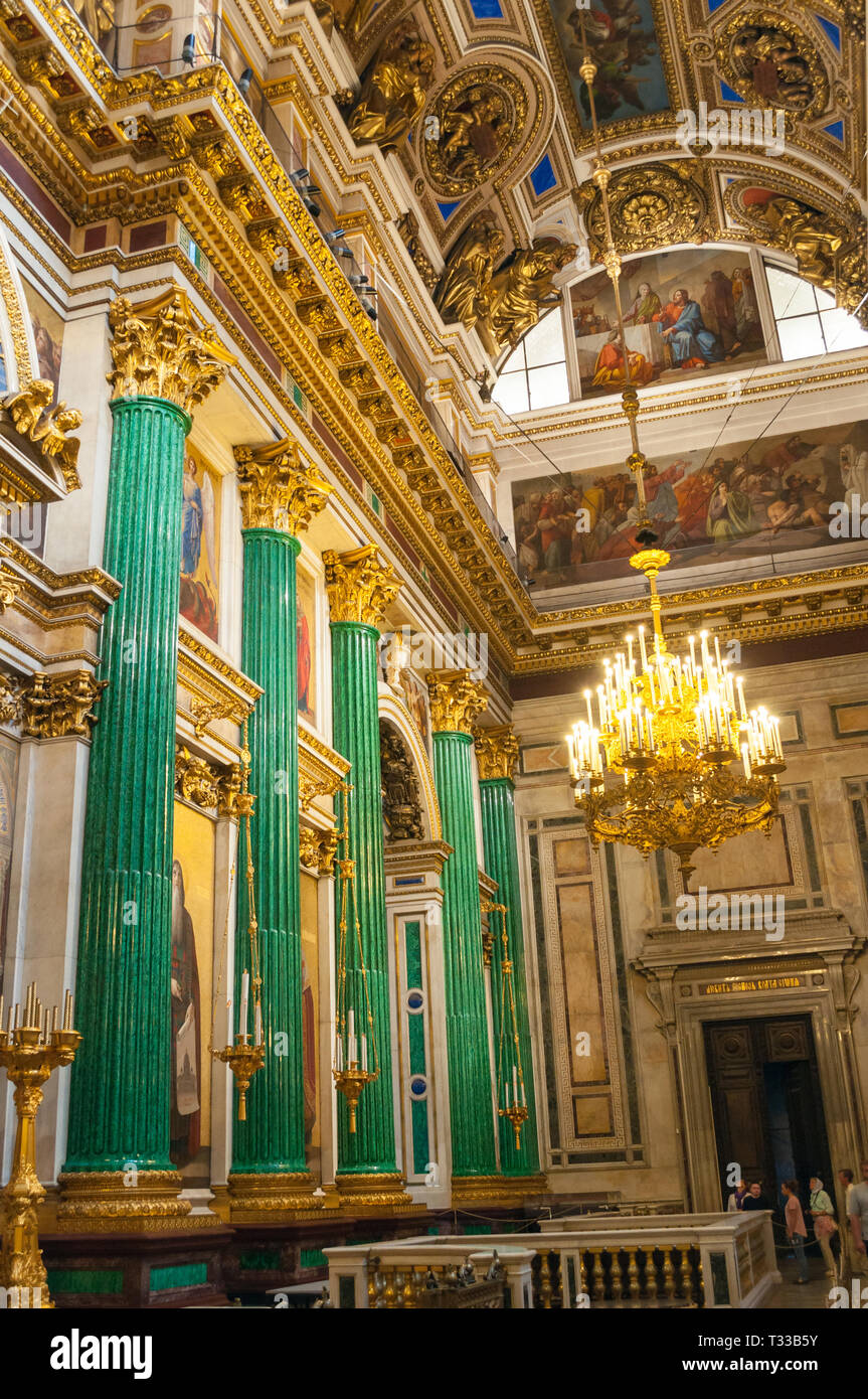 Saint Petersburg, Russia - August 15, 2017. Decoration details in the interior of the St Isaac Cathedral in St Petersburg, Russia. Malachite columns a Stock Photo