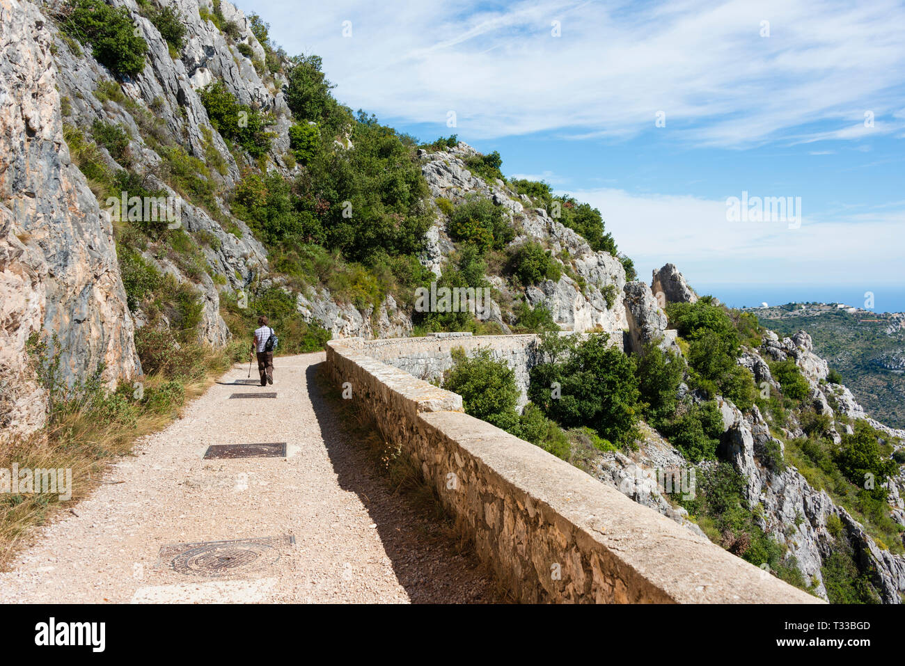 Part of the spectacular footpath in la Parc de la Grande Corniche included in the route between La Turbie and Eze in the Cote d' Azur Stock Photo