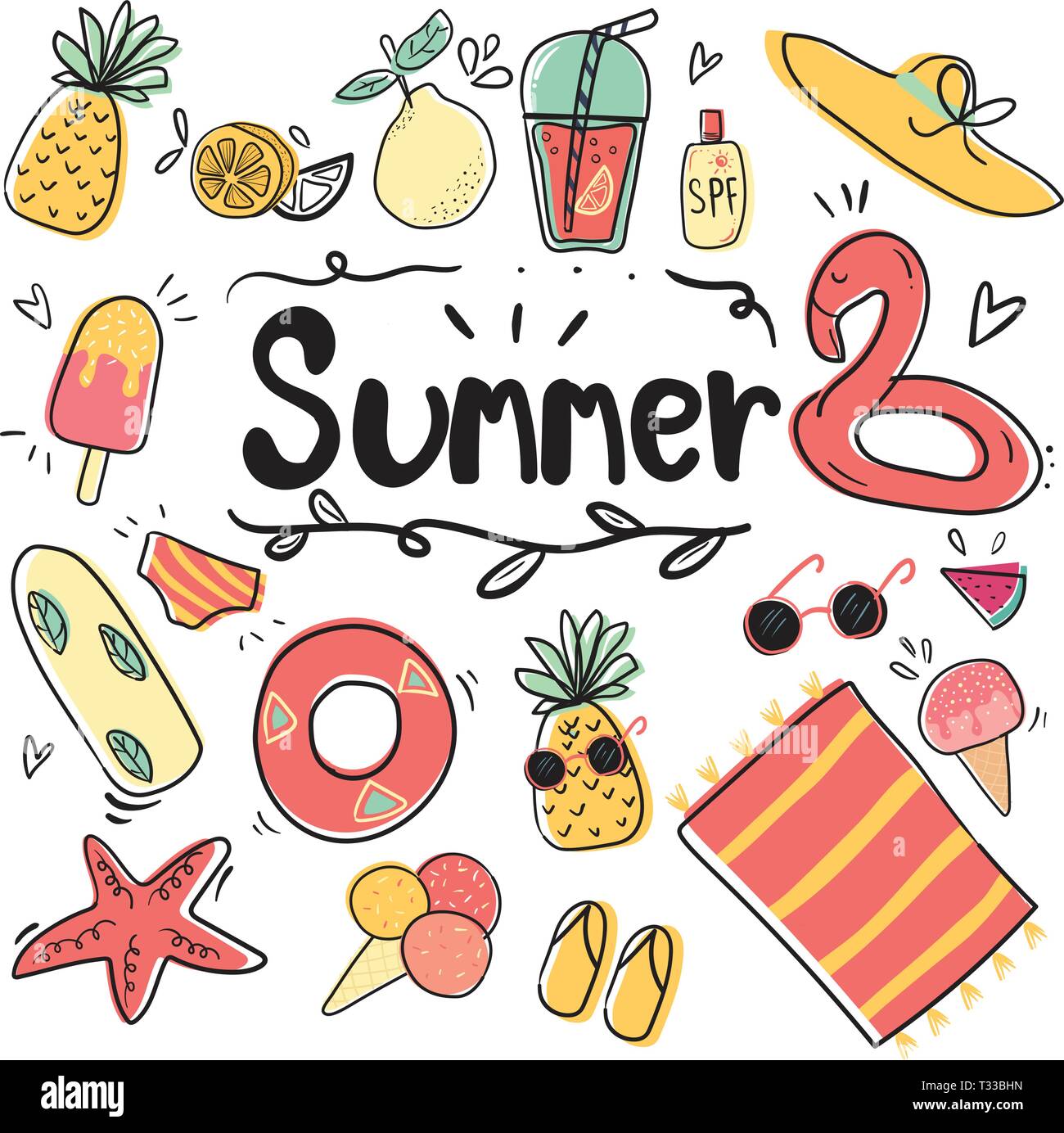 Hand Draw Cute Doodle Icon Summer Collection Flat Vector Illustration
