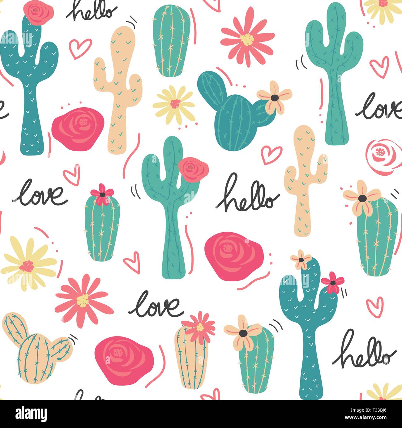 cute tropical cactus hand drawn pattern seamless Stock Vector